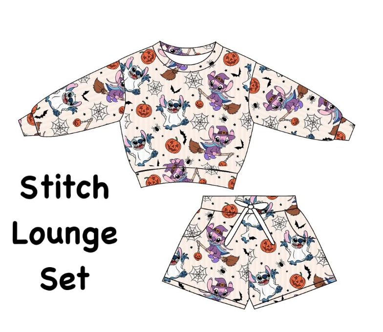 (Custom Design Preorder MOQ 5) Cartoon Stitc* Pumpkin Print Girls Halloween Clothes Set