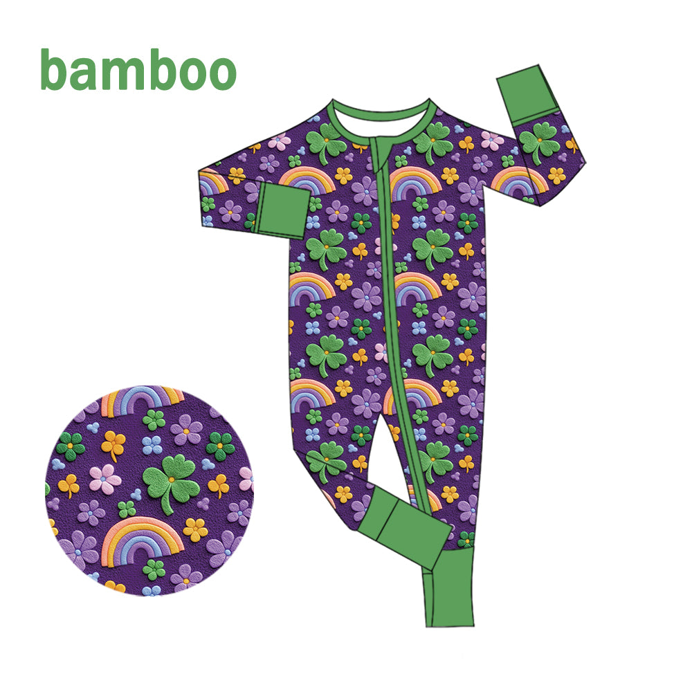 (Custom Design Preorder MOQ 20) Flowers Rainbow Print Baby Girls Fall Long Sleeve Bamboo Sleeper Zipper Romper