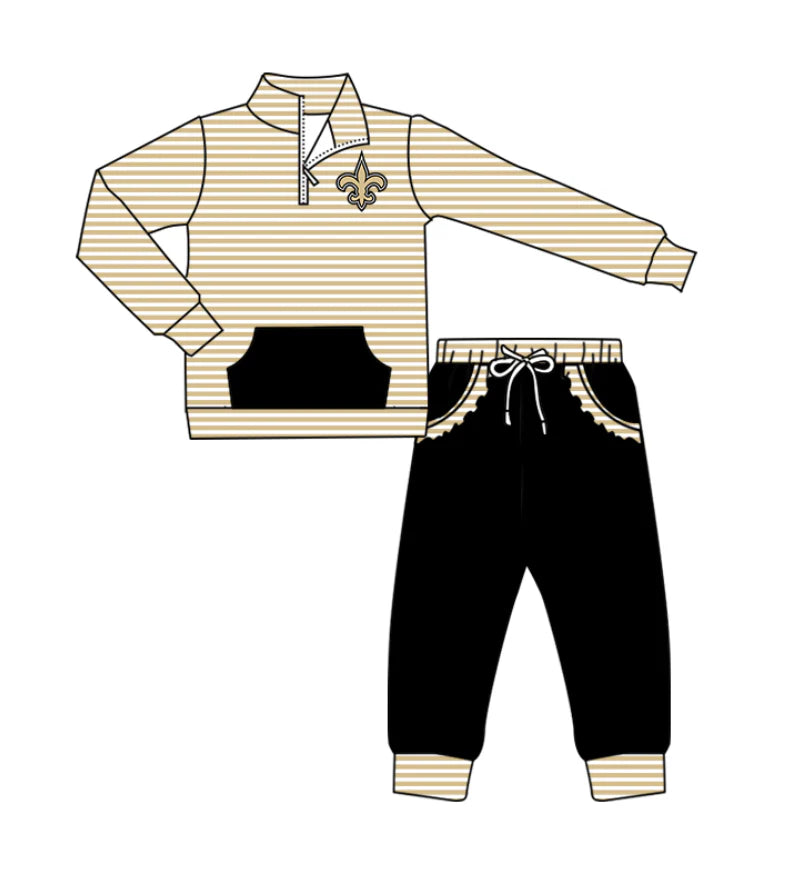 (Custom Design Preorder MOQ 5) Team's Saints Stripes Zipper Top Pockets Pants Girls Clothes Set