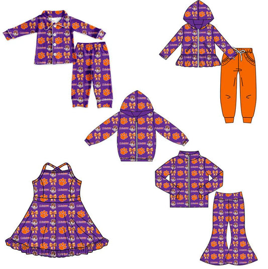 (Custom Design Preorder MOQ 5 Each Item)Team's Tinger Bows Print Girls Matching Clothes