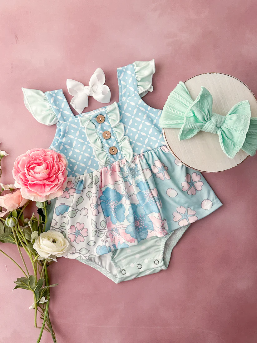 (Custom Design Preorder MOQ 5) Blue Flowers Print Baby Girls Summer Romper