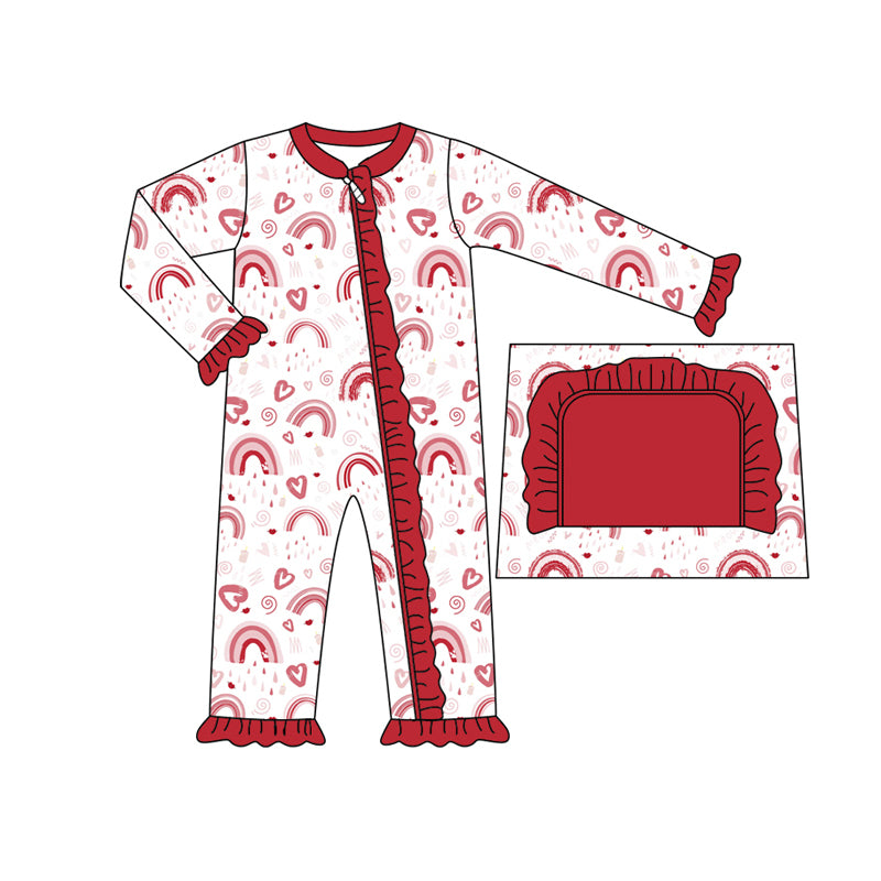 (Custom Design Preorder MOQ 20) Heart Rainbow Print Baby Girls Valentine's Day Bamboo Sleeper Zipper Romper