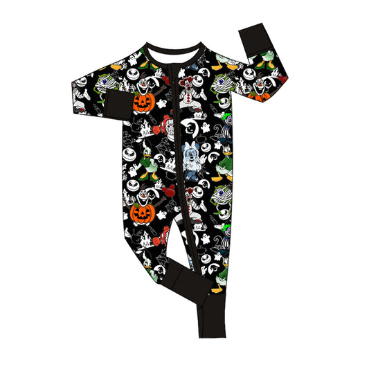 (Custom Design Preorder MOQ 20)  Cartoon Figure Black Print Baby Bamboo Halloween Sleeper Zipper Romper