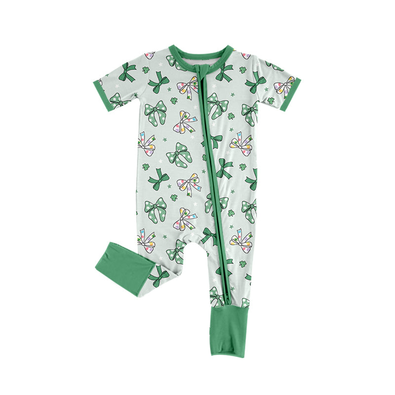 (Custom Design Preorder MOQ 20) Bows Green Print Baby Girls St. Patrick's Day Bamboo Sleeper Zipper Romper