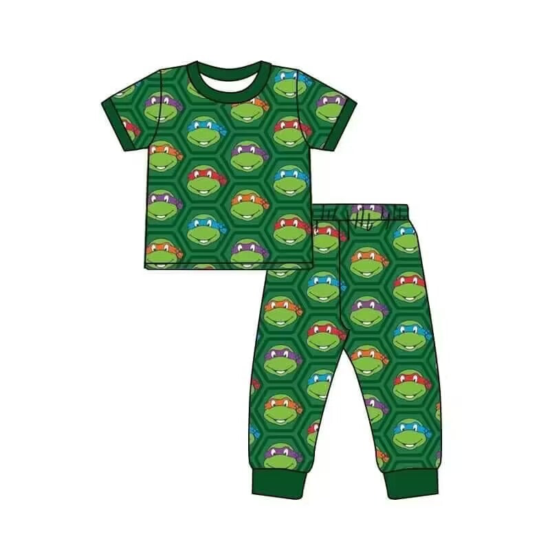(Custom Design Preorder MOQ 5) Cartoon Green Turtle Print Boys Clothes Set