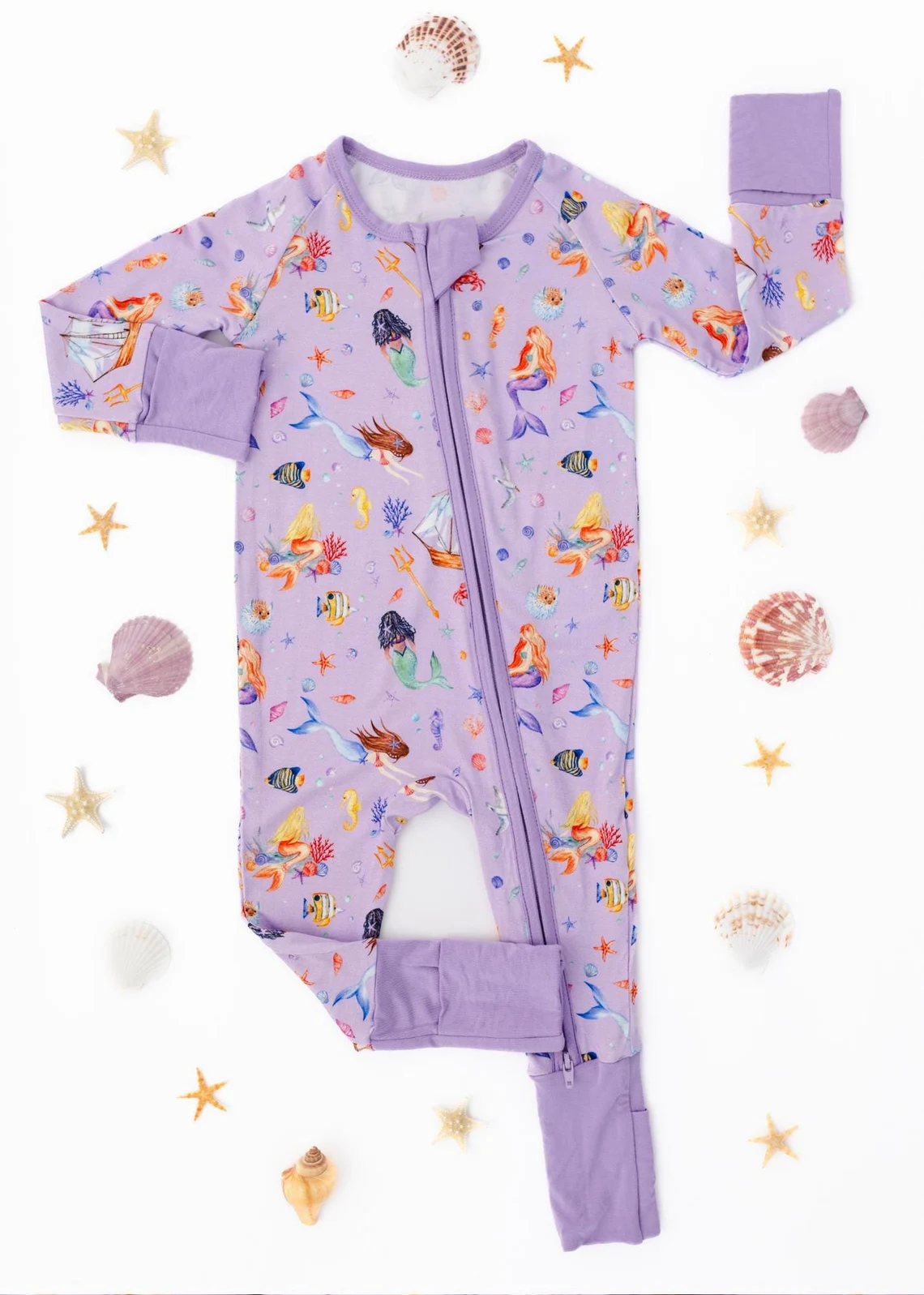 (Custom Design Preorder MOQ 20) Mermaid Princess Print Baby Girls Fall Bamboo Sleeper Zipper Romper