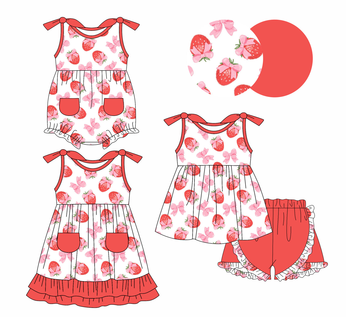 1.6(Custom Design Preorder MOQ 5 Each Design) Strawberry Bows Print Girls Summer Matching Clothes Sisters Wear