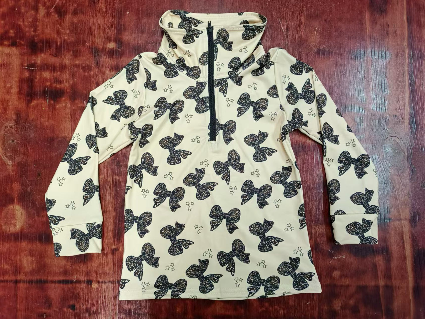 (Custom Design Preorder MOQ 3 ) Camo Bows Yellow Print Girls Zipper Pullover Top