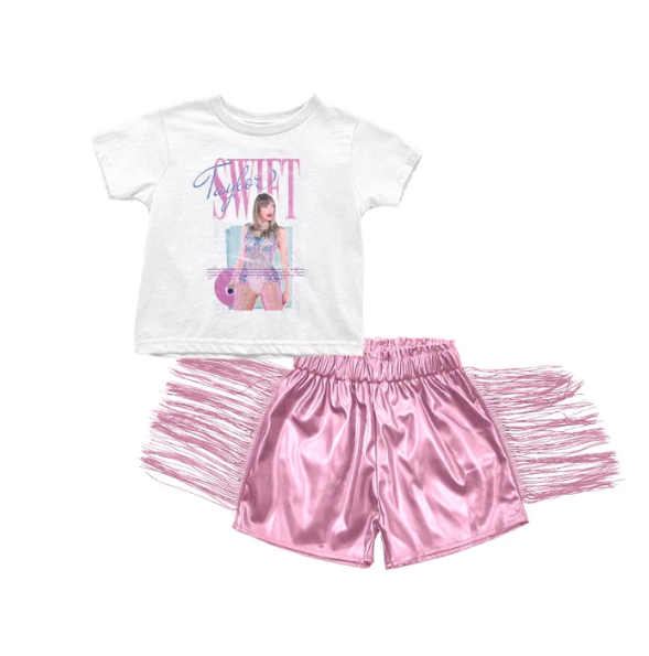 (Custom Design Preorder MOQ 5) Singer Swiftie Top Pink Tassels Leather Shorts Girls Summer Clothes Set