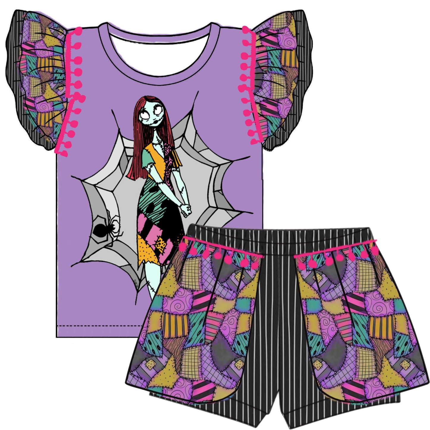 (Custom Design Preorder MOQ 5) Cartoon Figure Print Girls Summer Clothes Set