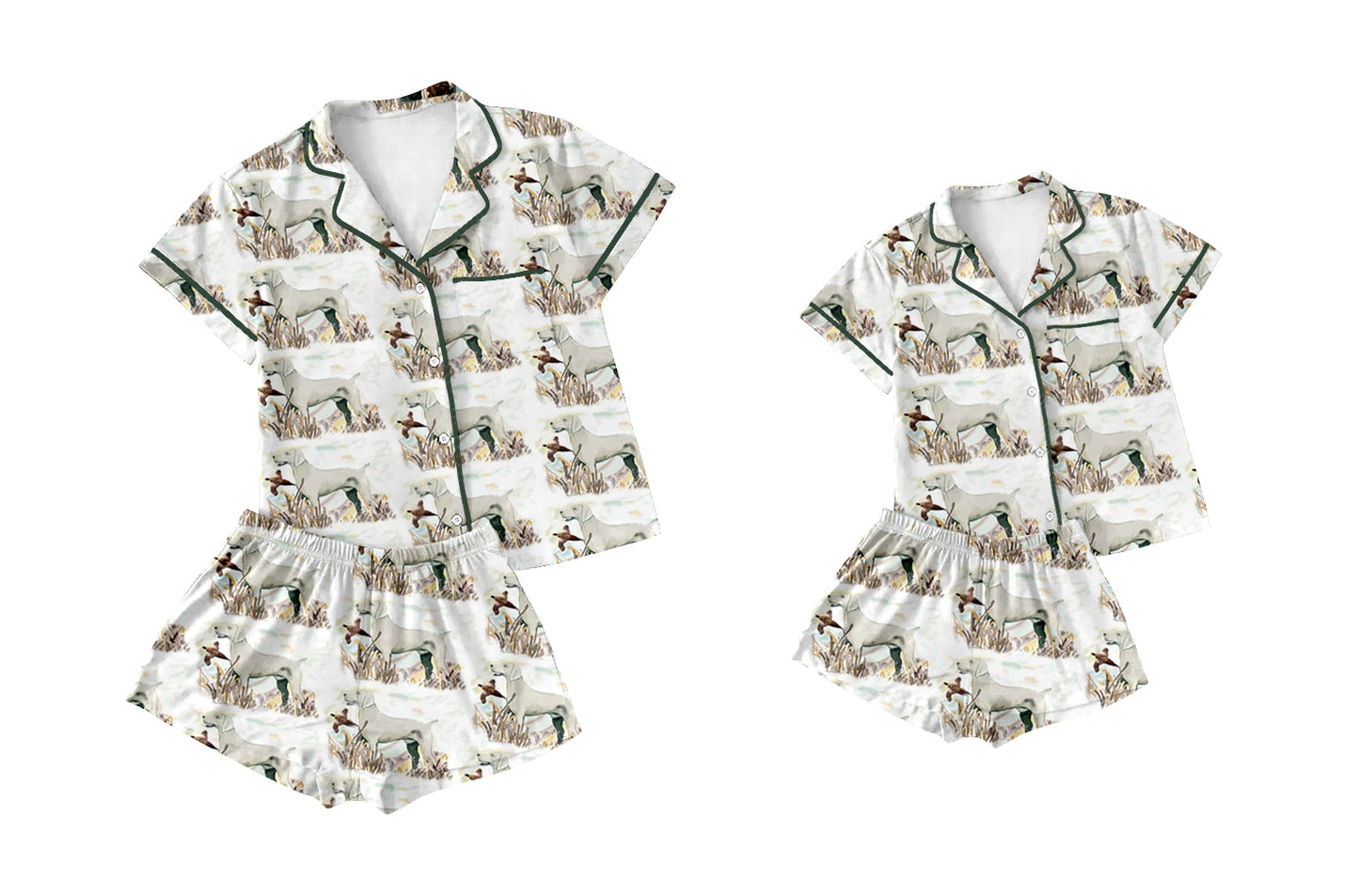 11.27(Custom Design Preorder MOQ 5 Each Design) Dog Duck Hunting White Print Buttons Pajamas Sets Mom and Me Summer Matching Clothes