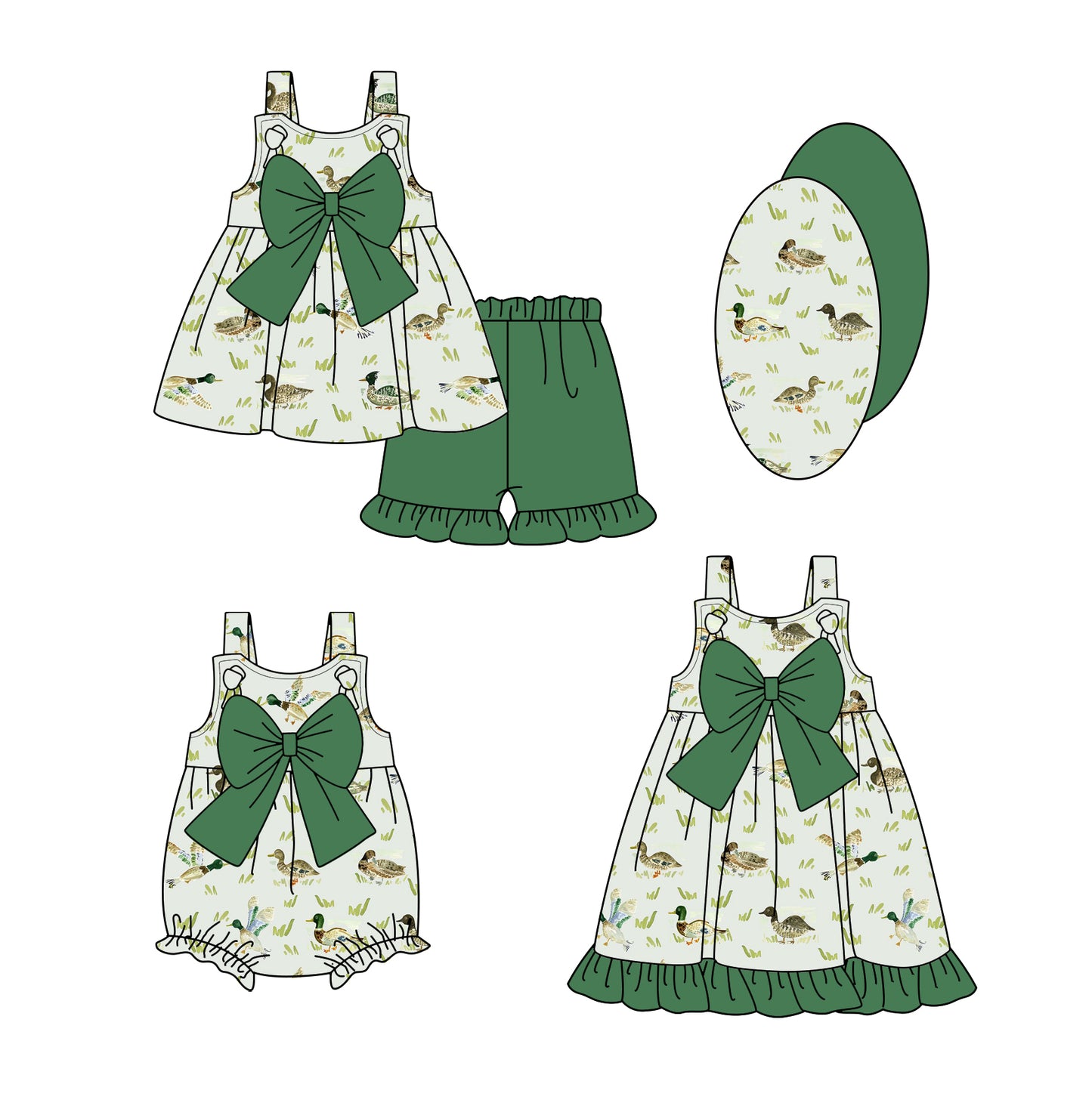 2.24(Custom Design Preorder MOQ 5 Each Design) Duck Green Print Big Bow Girls Summer Matching Clothes Sisters Wear