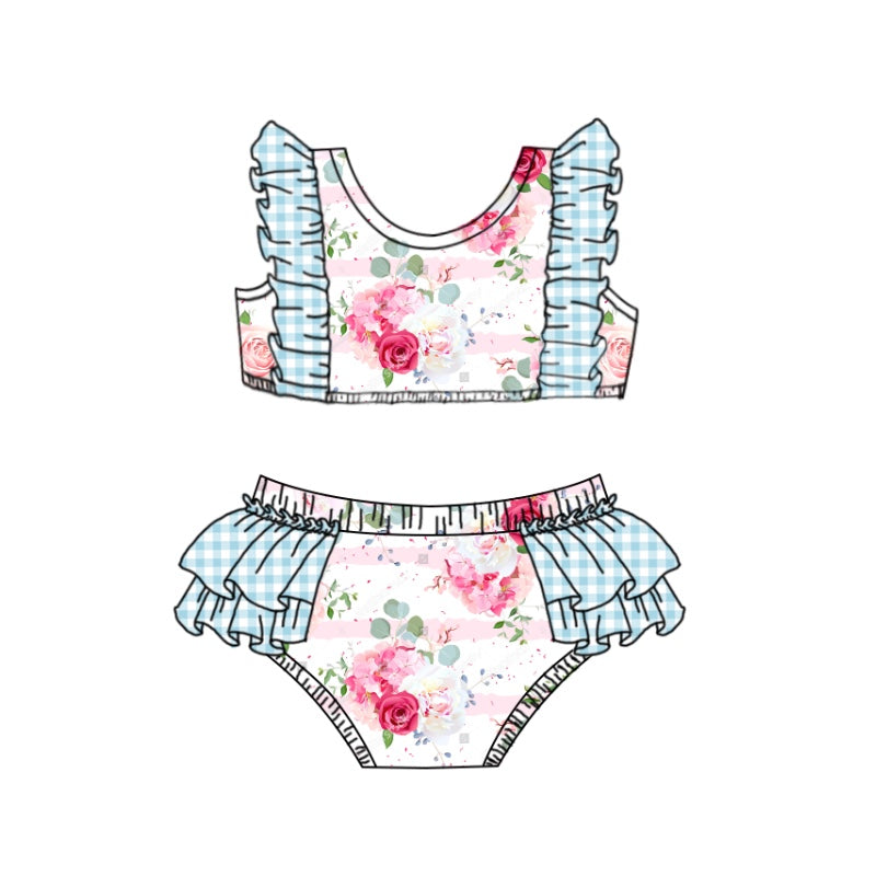 (Custom Design Preorder MOQ 5) Blue Flowers Print Girls 2 Pieces Swimsuits