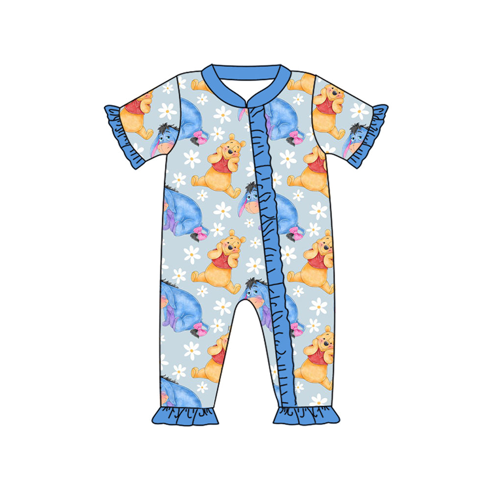 (Custom Design Preorder MOQ 20) Cartoon Animals Flowers Print Baby Girls Bamboo Sleeper Zipper Romper