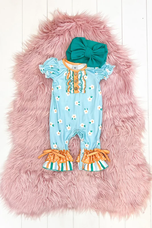 (Custom Design Preorder MOQ 5) Blue Flowers Print Baby Girls Summer Romper