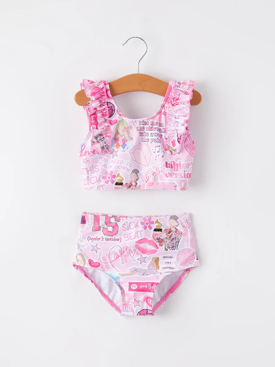 (Custom Design Preorder MOQ 5) Singer Swiftie Pink Print Girls 2 Piece Swimsuits