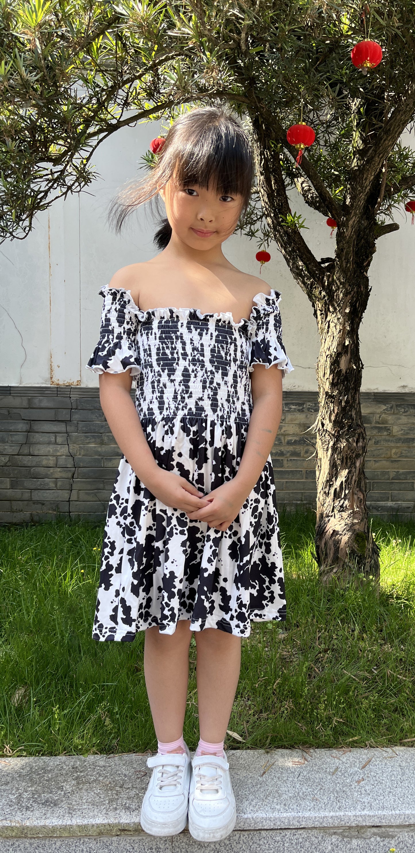 GSD0960 Cow Print Girls Summer Smocked Knee Length Dress