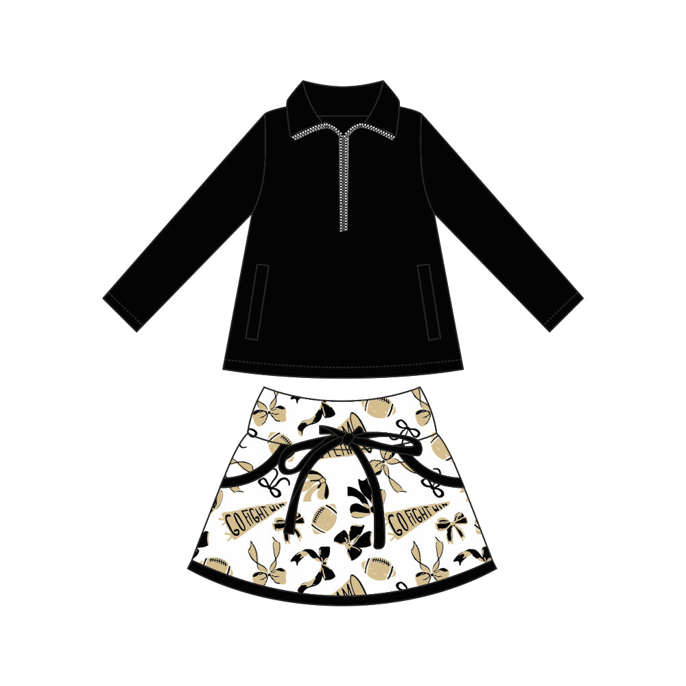 (Custom Design Preorder MOQ 5) Black Zipper Pullover Top Team's Cheer Bows Skirts Girls Clothes Sets