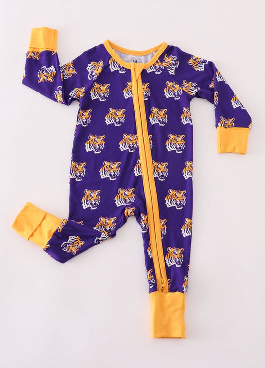 (Custom Design Preorder MOQ 5) Team's LSU Tigers Print Baby Fall Sleeper Zipper Romper