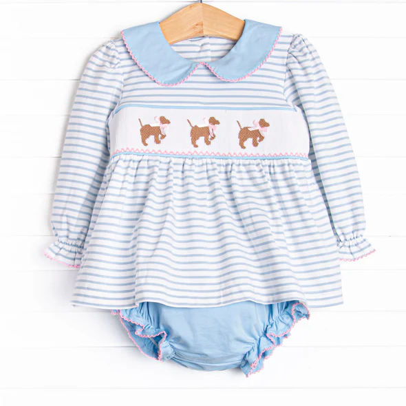 (Custom Design Preorder MOQ 5) Puppy Blue Stripes Print Baby Girls Romper