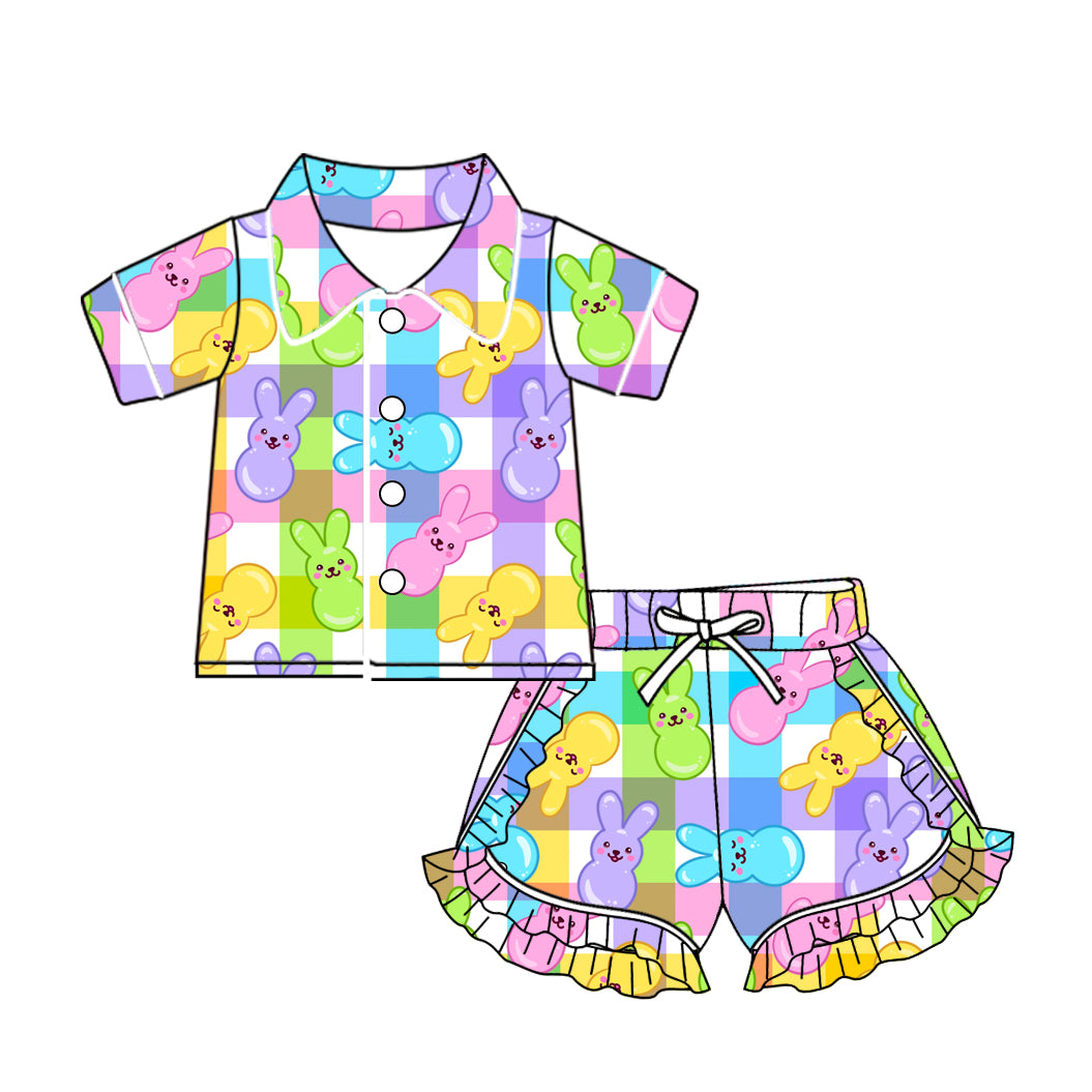 (Custom Design Preorder MOQ 5) Colorful Bunny Plaid Print Girls Easter Pajamas Clothes Set