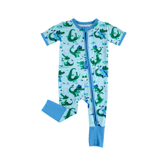 (Custom Design Preorder MOQ 20)  Crocodile Golf Print Baby Boys Bamboo Sleeper Zipper Romper