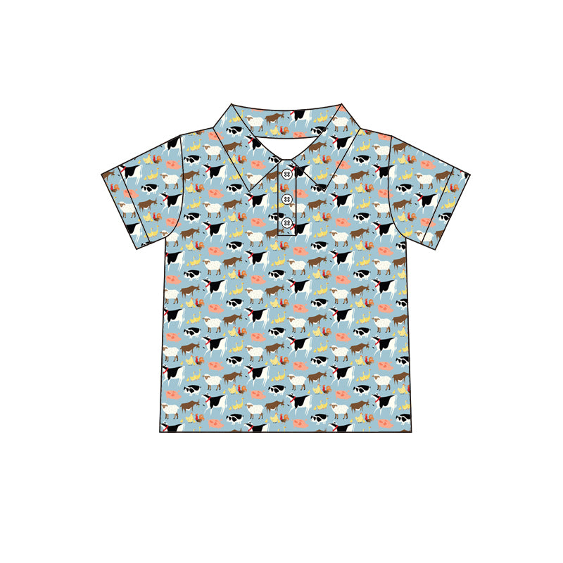 12.11(Custom Design Preorder MOQ 5 ) Cartoon Animals Blue Print Boys Summer Polo Tee Shirts Top
