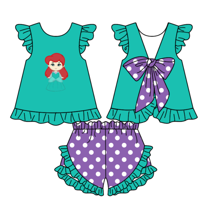 (Custom Design Preorder MOQ 5) Cartoon Princess Green Top Purple Dots Shorts Girls Summer Clothes Set