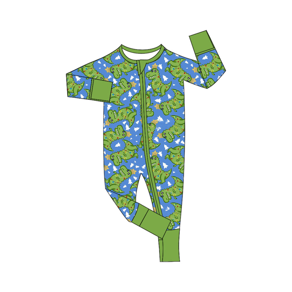 (Custom Design Preorder MOQ 20) Dino Print Baby Boys Bamboo Christmas Sleeper Zipper Romper