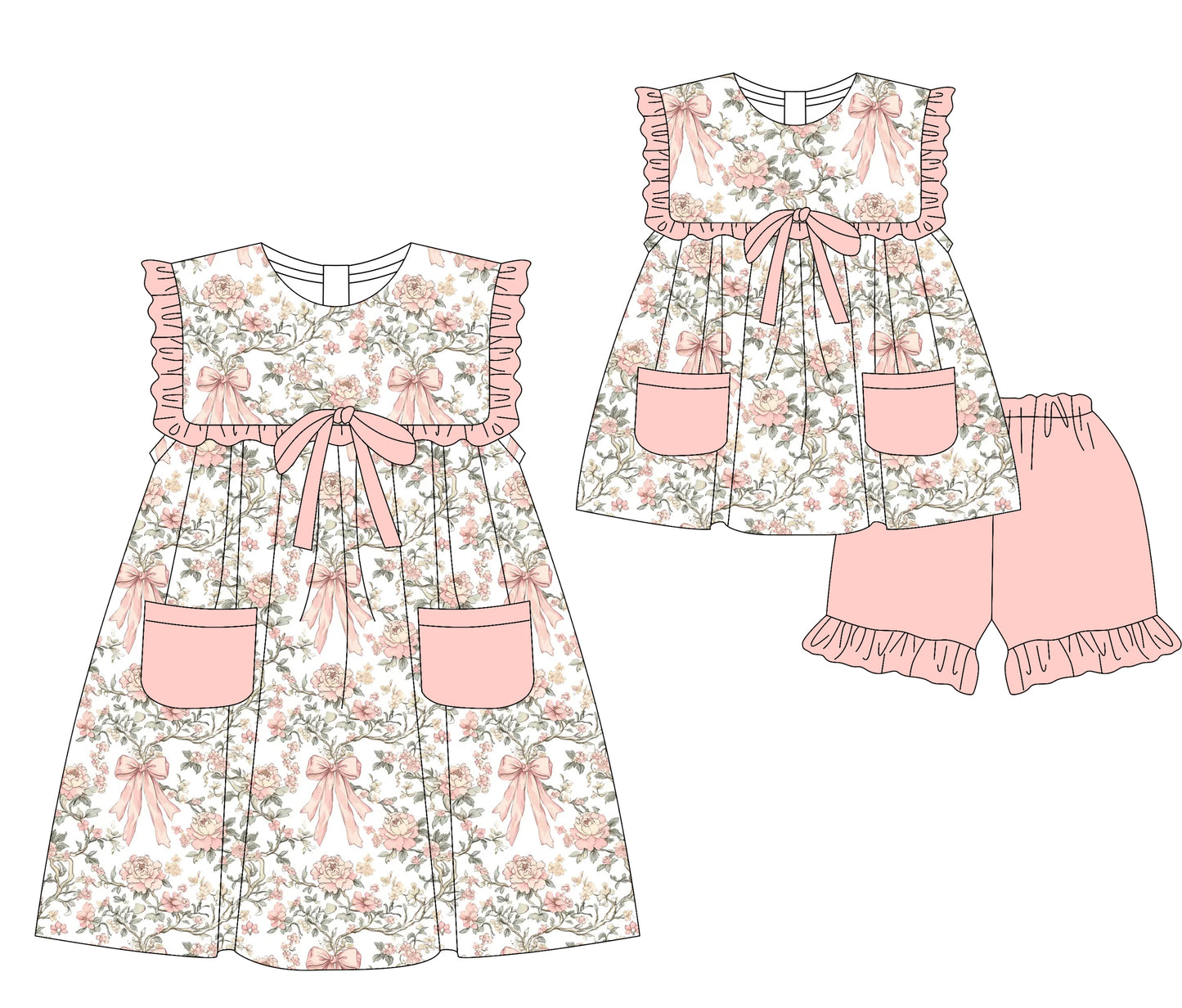 3.5(Custom Design Preorder MOQ 5 Each Design) Pink Flowers Bows Print Pockets Girls Summer Matching Clothes Sisters Wear