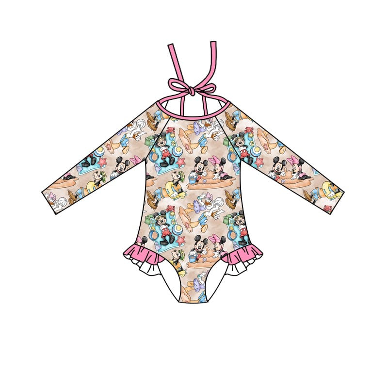 (Custom Design Preorder MOQ 5) Cartoon Mouse Print Girls 1 Pieces Long Sleeve Swimsuits