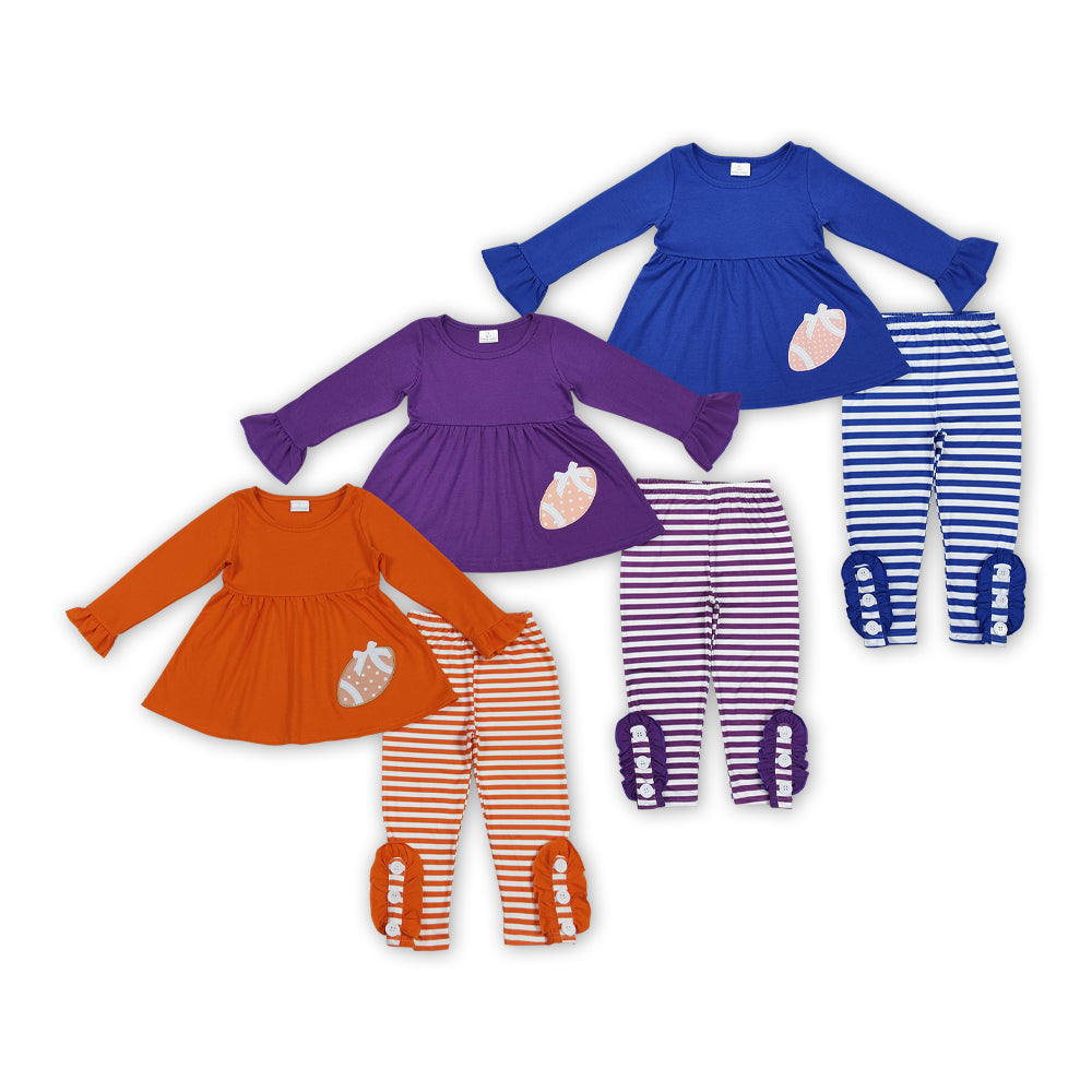 3 Colors Football Embroidery Tunic Top Stripes Pants Girls Fall Clothes Sibling Wear