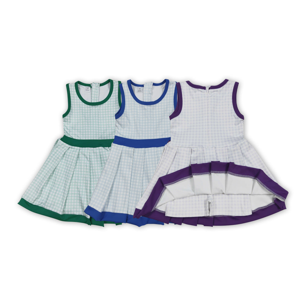 3 Colors Plaid Girls Summer Knee Length Zipper Yoga Dress Sisters Wear