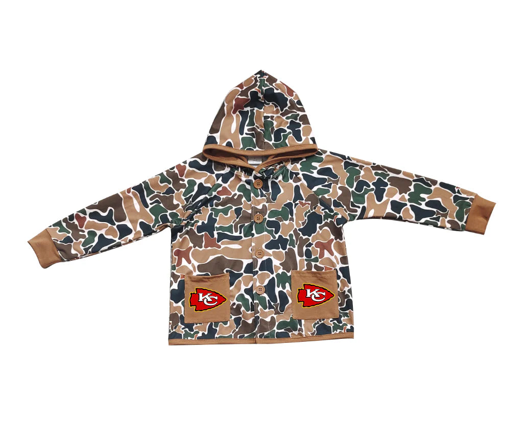 (Custom Design Preorder MOQ 5 Each Item) Team's Chiefs Brown Camo Print Pockets Buttons Kids Fall Hoodie Jackets Top Mom and Me Matching Clothes