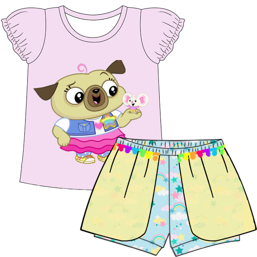 (Custom Design Preorder MOQ 5) Cute Dog Print Girls Summer Clothes Set