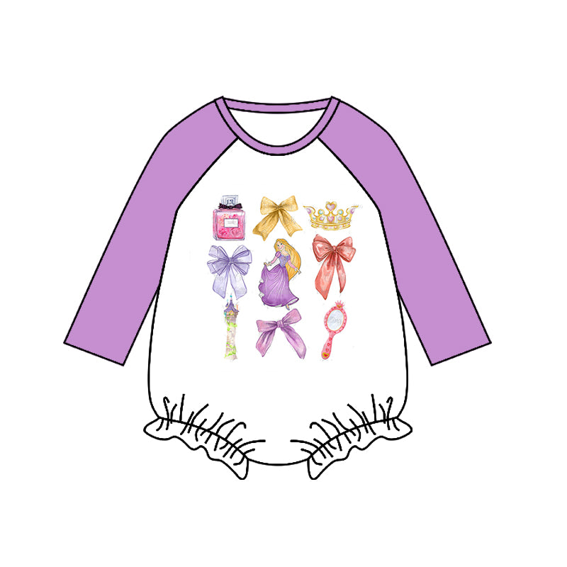(Custom Design Preorder MOQ 5) Cartoon Princess Purple Print Baby Girls Romper