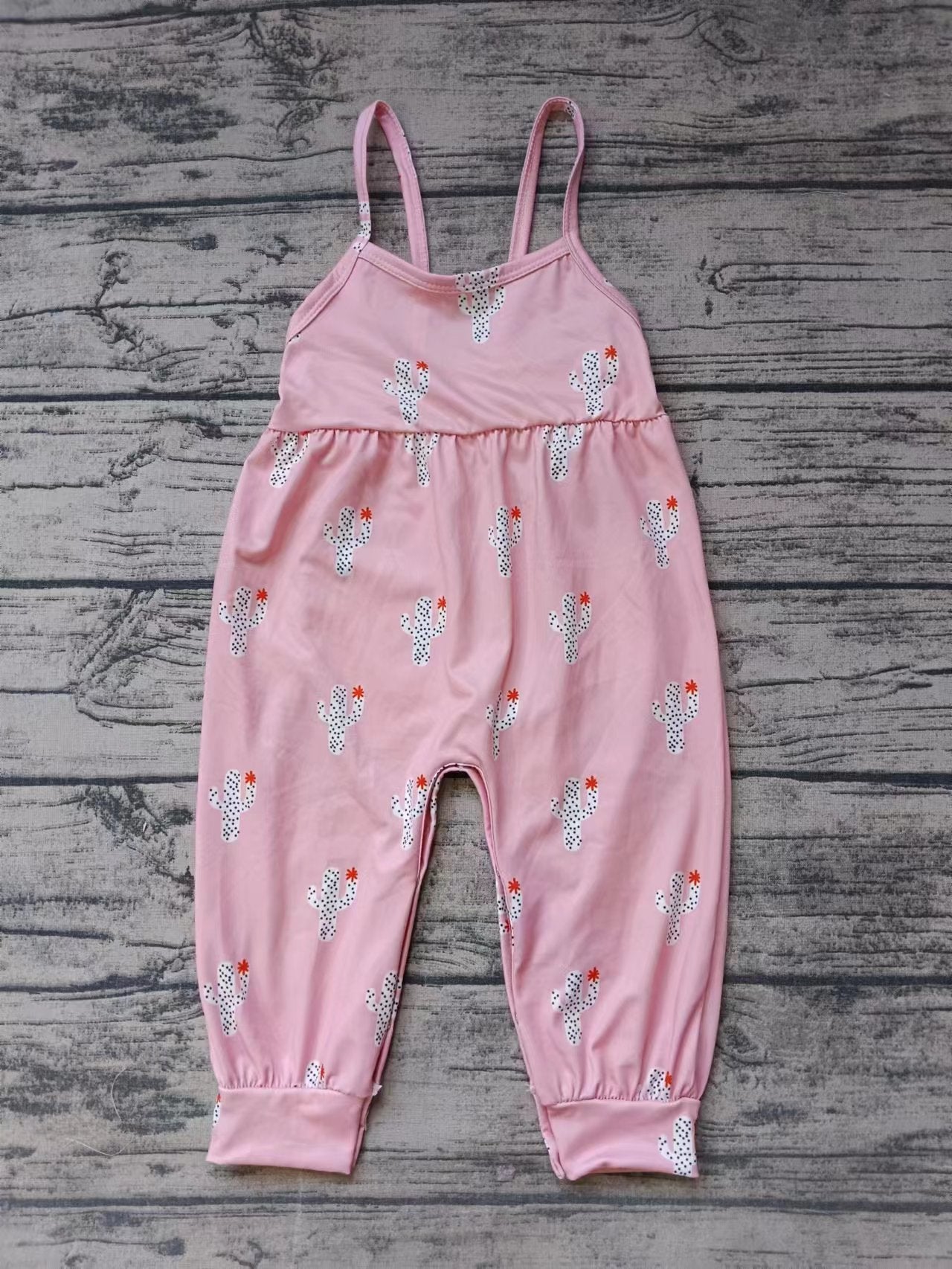 (Custom Design Preorder MOQ 5) Pink Cactus Print Girls Summer Jumpsuits