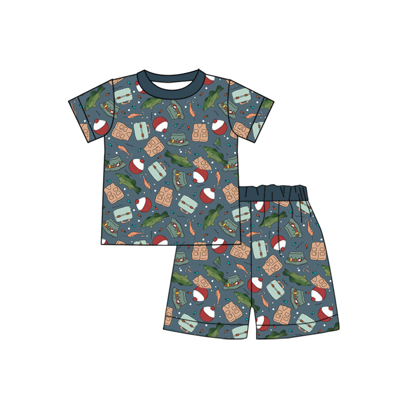 (Custom Design Preorder MOQ 5) Fishing Print Boys Summer Pajamas Clothes Set