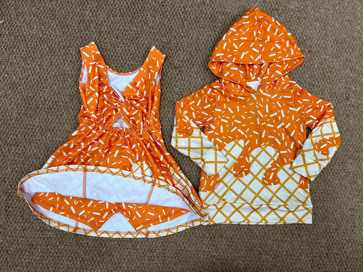 Sprinkles Orange Print Girls Yoga Dress & Boys Hoodie Top Sibling Matching Clothes