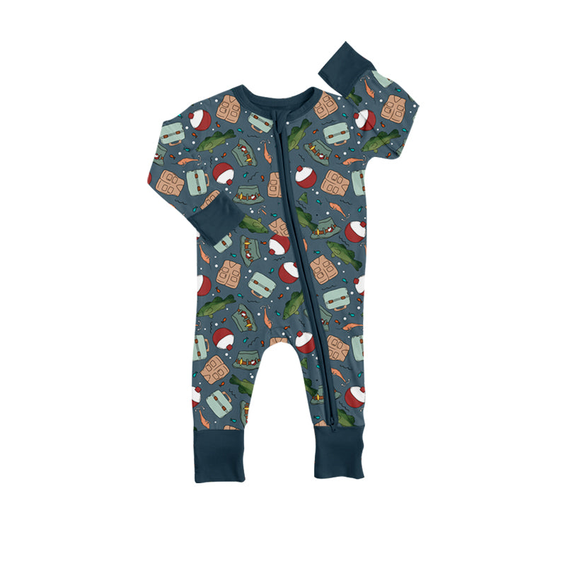 (Custom Design Preorder MOQ 5) Fishing Print Baby Boys Zipper Sleeper Romper