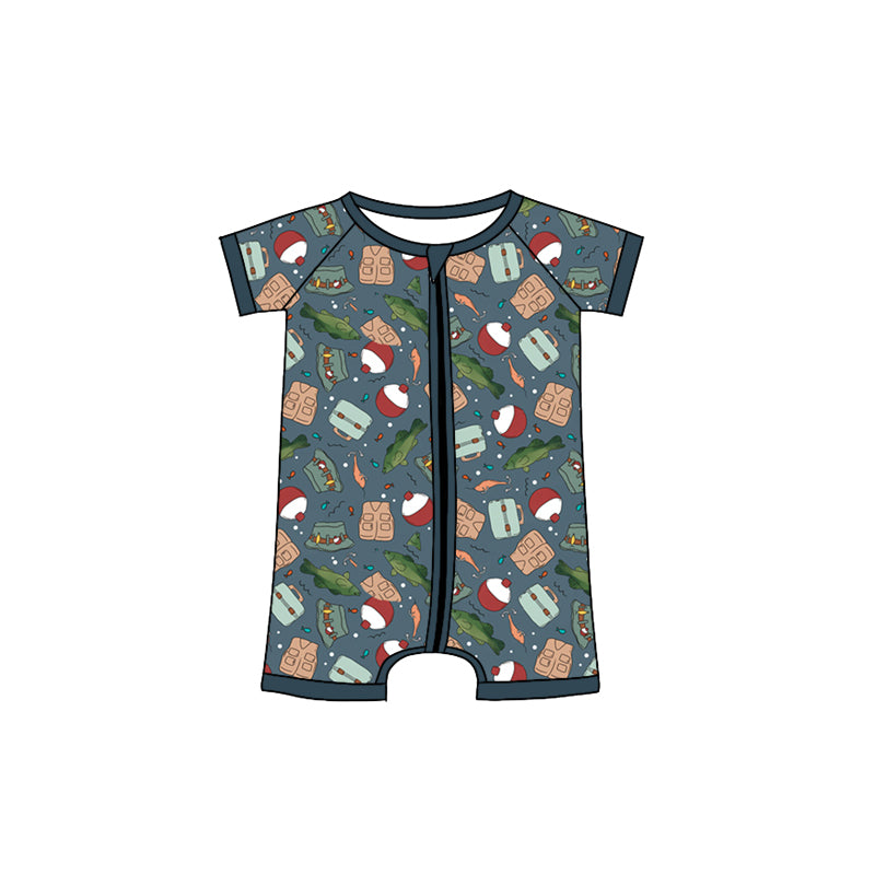(Custom Design Preorder MOQ 5) Fishing Print Baby Boys Summer Zipper Sleeper Romper