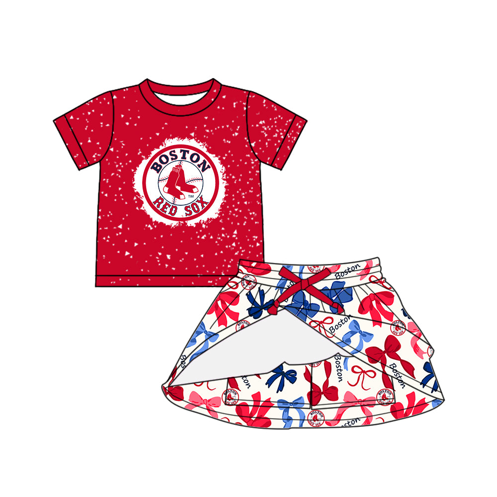 (Custom Design Preorder MOQ 5 Each Color) Team's Boston Bows Print Girls Summer Clothes Sisters Matching Wear