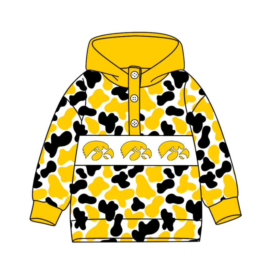 (Custom Design Preorder MOQ 5) Team's Lowa Hawkeyes Camo Print Kids Long Sleeve Buttons Hoodie Top