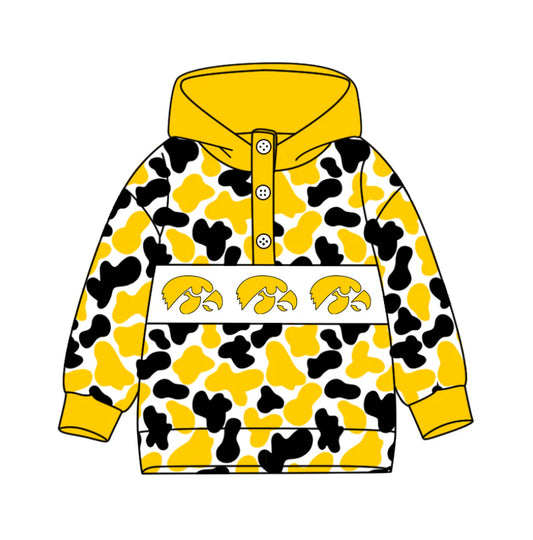 (Custom Design Preorder MOQ 5) Team's Lowa Hawkeyes Camo Print Kids Long Sleeve Buttons Hoodie Top