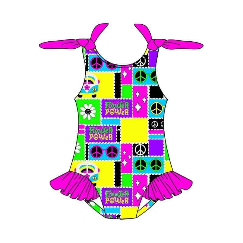 (Custom Design Preorder MOQ 5) Peace Love Print Girls 1 Piece Swimsuits