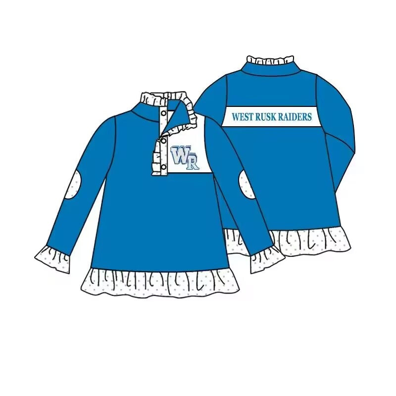 (Custom Design MOQ 5) Girls blue football team's long sleeve button pullover shirts