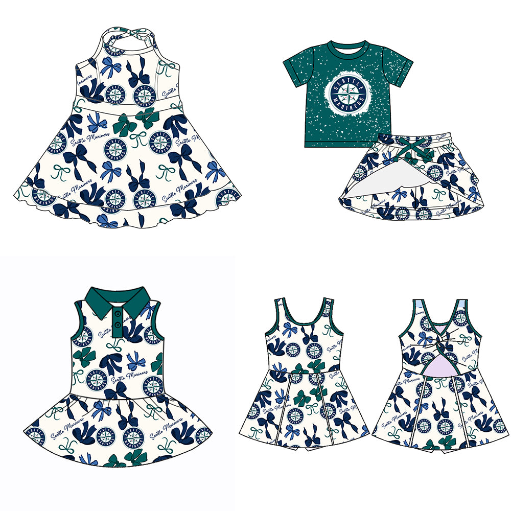 (Custom Design Preorder MOQ 5 Each Color) Team's SEATTLE MARINERS Bows Print Girls Summer Clothes Sisters Matching Wear