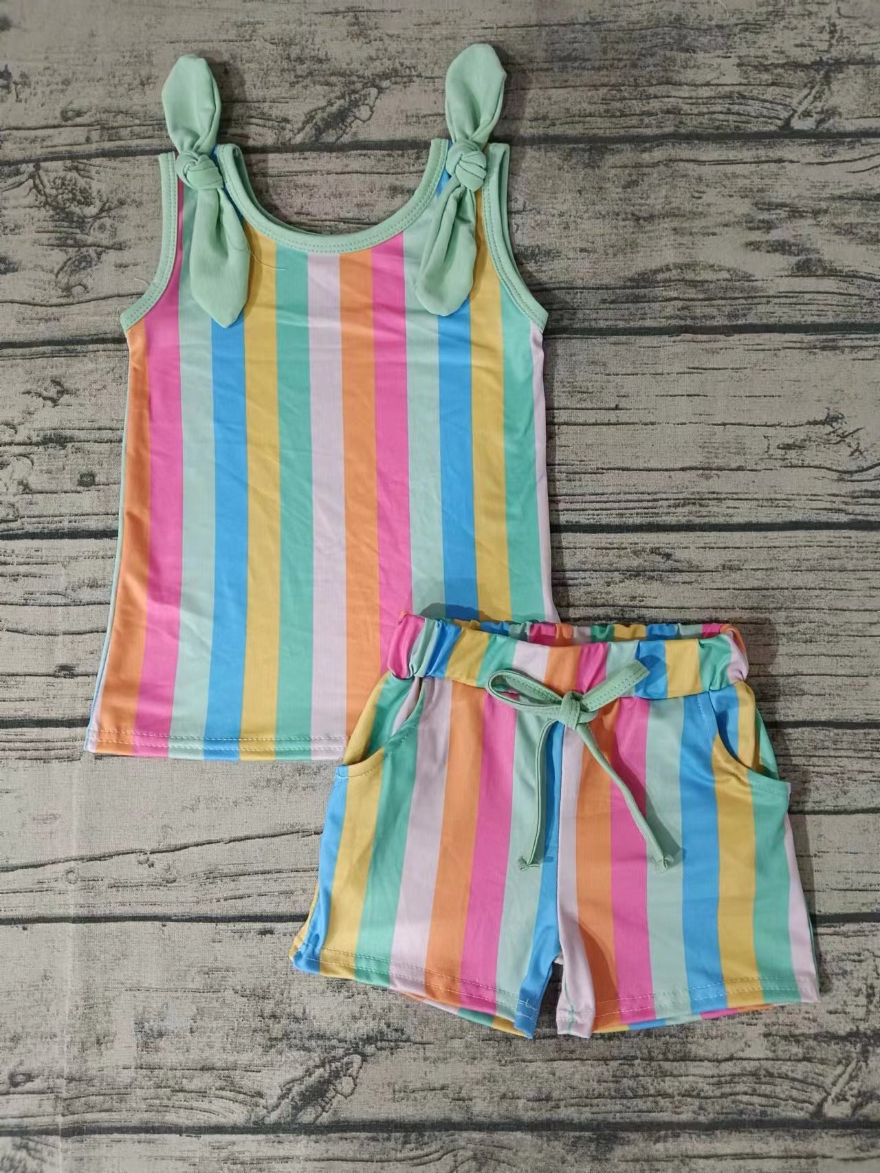 (Custom Design Preorder MOQ 5) Colorful Stripes Print Girls Summer Clothes Set