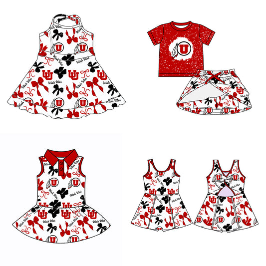 (Custom Design Preorder MOQ 5 Each Color) Team's Utah Utes Bows Print Girls Summer Clothes Sisters Matching Wear