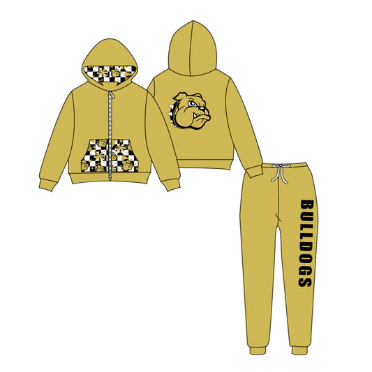 (Custom Design Preorder MOQ 5) Team's BULLDOGS Zipper Hoodie Top Gold Pants Kids Fall Clothes Set
